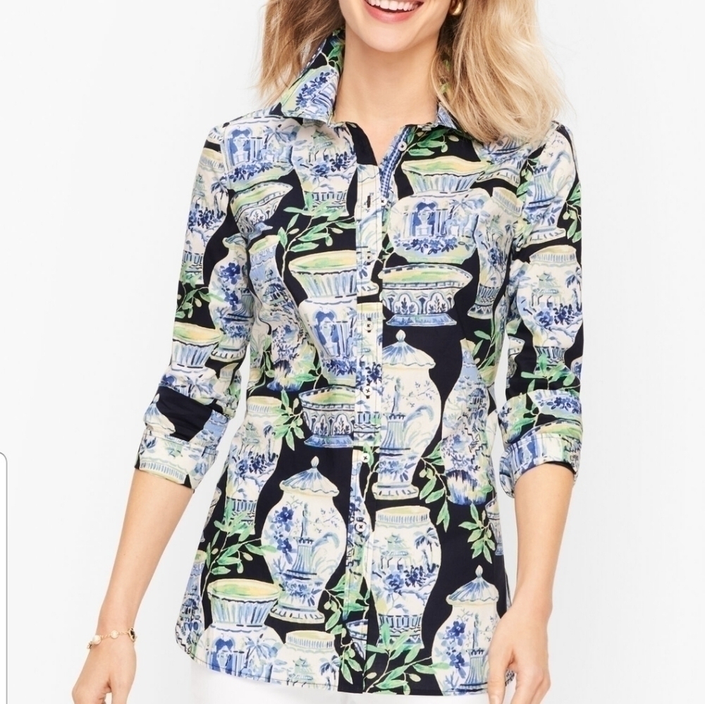Talbots Classic Cotton Shirt, Watercolor Vases Print Size S/P